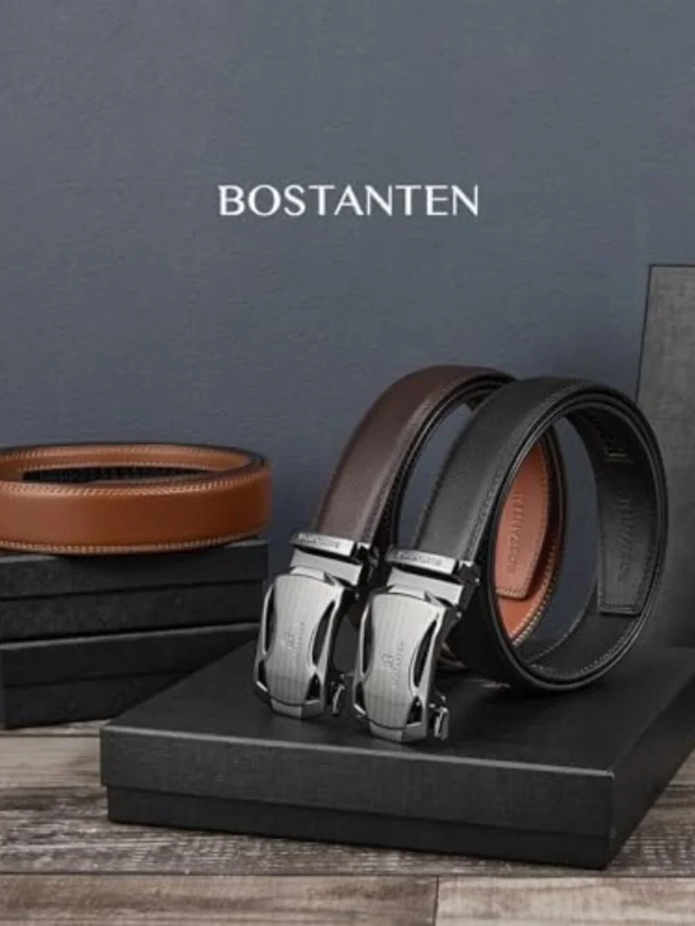Men's Leather Ratchet Belts 2-Pack - Adjustable, Trimmable, Gift-Ready Set